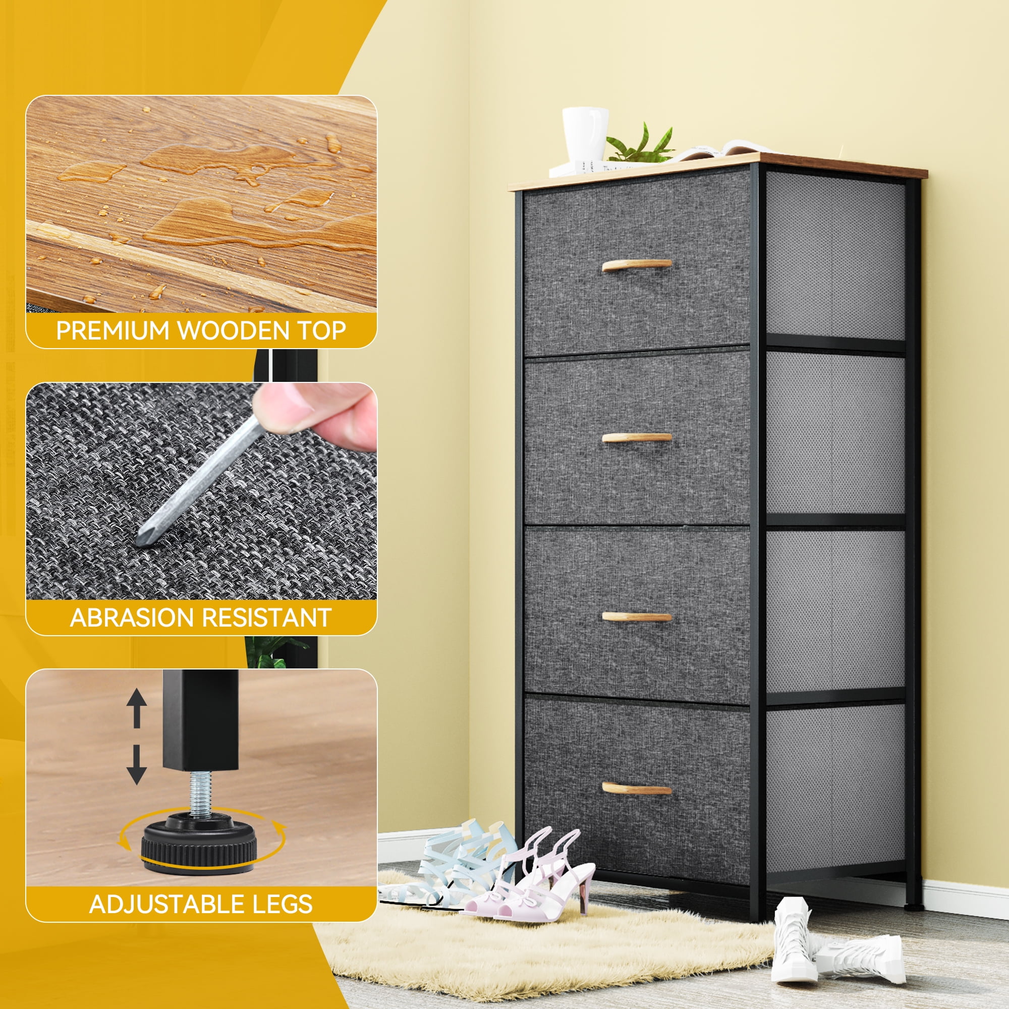 DEXTRUS 4-Drawer Fabric Dresser for Adults & Teens, Bedside Chest Organizer for Bedroom, Gray