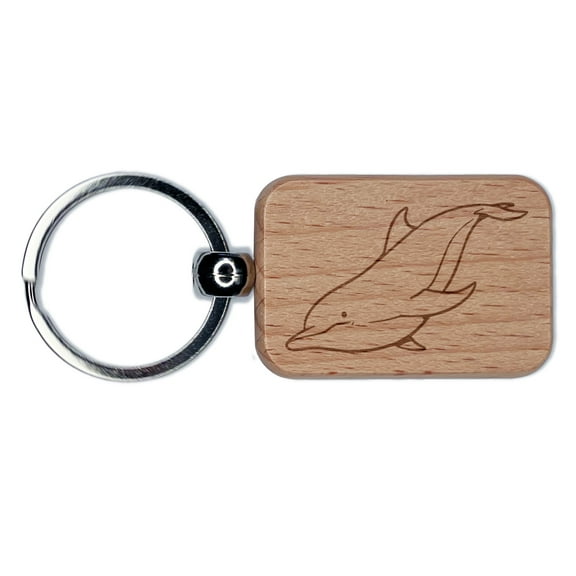 Diving Bottlenose Dolphin Rectangle Keychain Charm Tag - Engraved Wood
