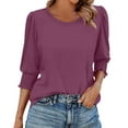 thumbnail image 2 of bbyeadc Red Blouses for Women Round Neck Smocked Cuff Ruched Shirts 3/4 Sleeve Dressy Casual Loose Basic Trendy Tops Summer Basic Business Tshirts Clothes, Wine L, 2 of 7