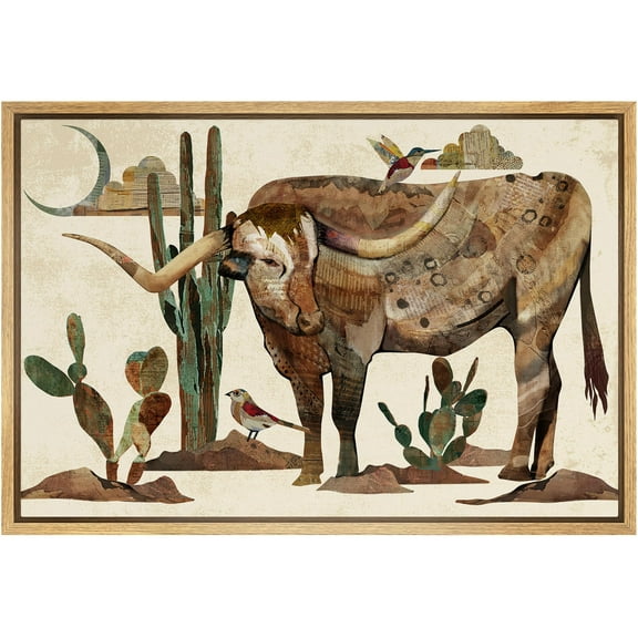 IDEA4WALL Framed Canvas Print Western Decor Longhorn Cow & Birds Portrait Wall Art Animals Wildlife Landscape Traditional Art Relax/Calm for Living Room, Bedroom, Office - Natural 24"x36"