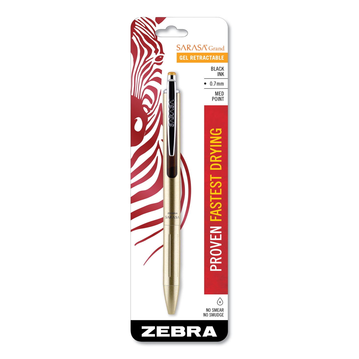Zebra Blister-Carded Sarasa Grand Retractable Gel Pen, Fine 0.7 mm, Black, Gold Barrel