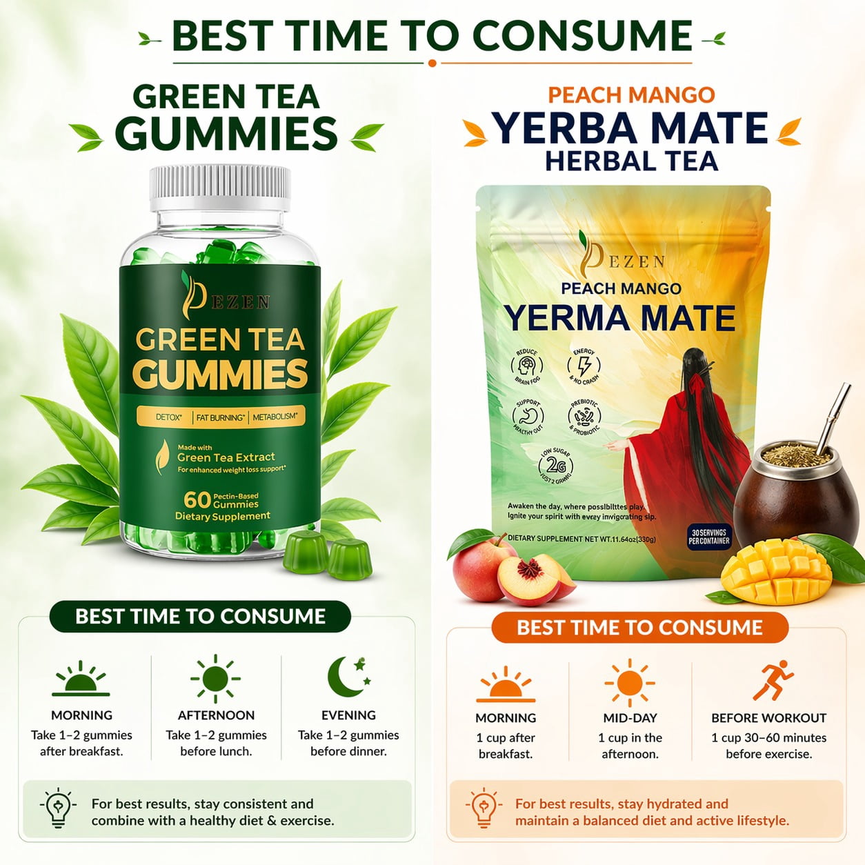 Yerba Mate Drink Mix Powder (Peach Mango) + Green Tea Gummies (Apple) Combo Pack, Energy, Focus & Wellness Support, 30 Servings