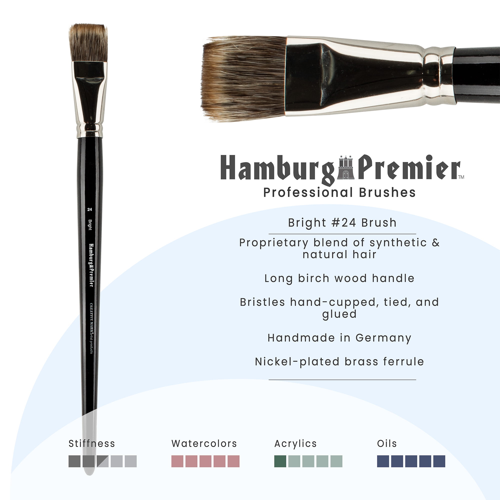 Creative Mark Hamburg Premiere Professional Oil Painting Brushes - Bright #24 Oil Paint Brush - Handmade in Germany, Natural & Synthetic Hair Blend, Long Triple-Lacquered Birch Handle