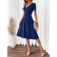 thumbnail image 4 of Navy Blue V-Neck Short Sleeve Fit & Flare Midi Dress With Gold-Tone Button Front, 4 of 7