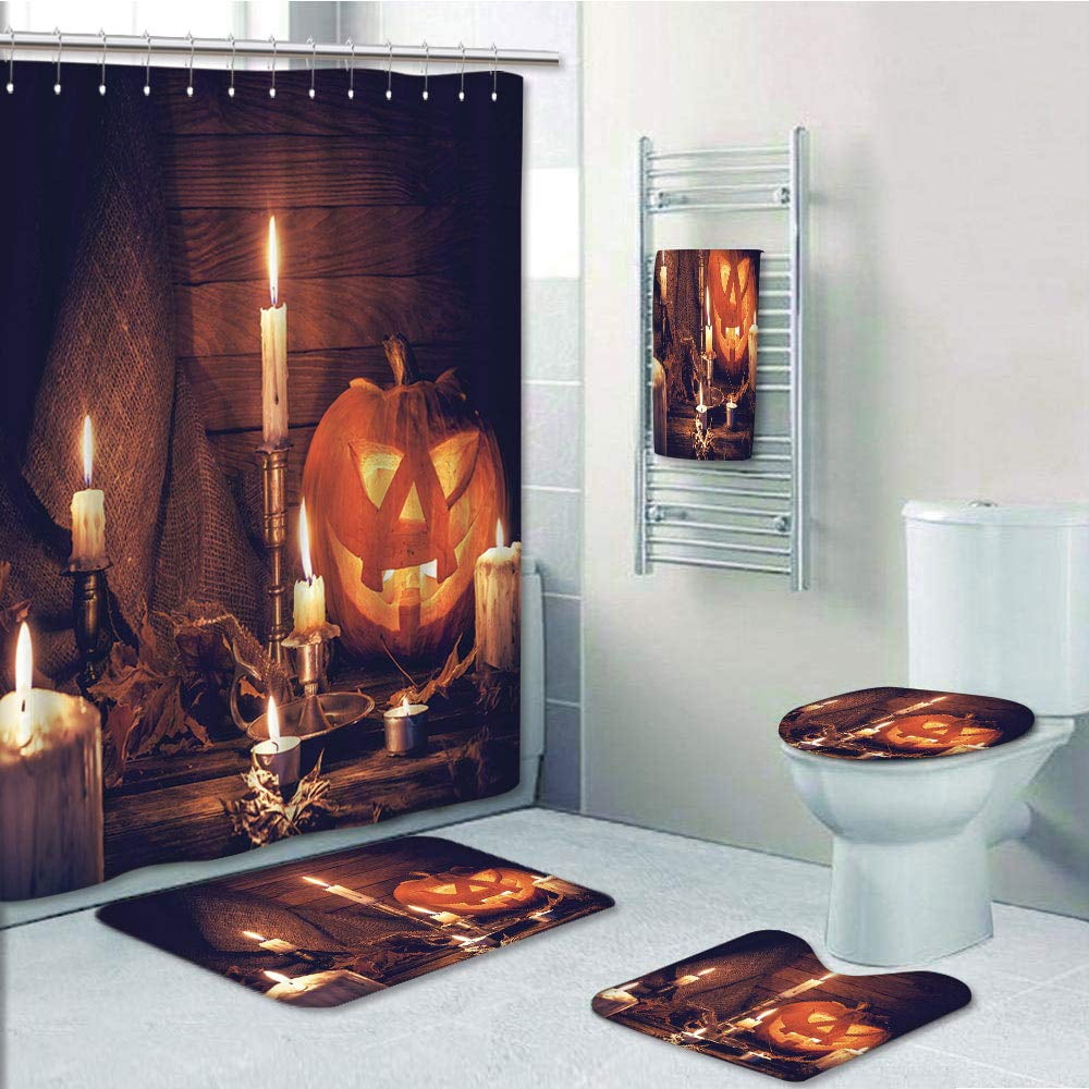 PRTAU Halloween Rustic Wooden Planks Burning Candles Pumpkin Sackcloth