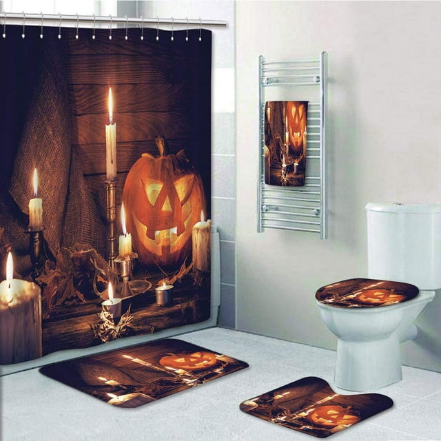 PRTAU Halloween Rustic Wooden Planks Burning Candles Pumpkin Sackcloth