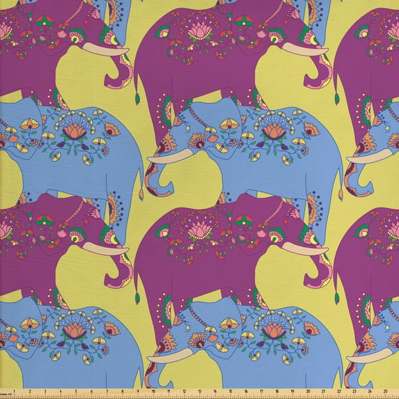 Ethnic Fabric by the Yard Upholstery, Illustration of Oriental Floral Elephants, Decorative Fabric for DIY and Home Accents, Yellow Green Multicolor by Ambesonne
