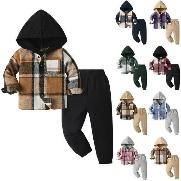 MKOSPLRT Kids' Hooded Plaid Top Jogger Pants Set 6M-10Y Long Sleeve Button Down Shirt Jacket with Elastic Waistband Cozy Casual Outfit with Pockets