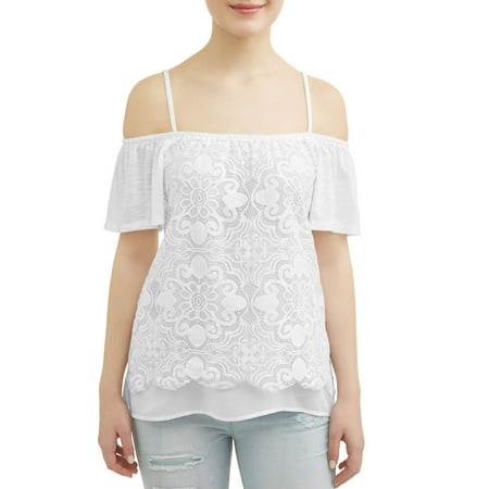 Overlay 2 Piece Lace Top - Juniors' Cold Shoulder Lace Overlay Flutter Sleeve Blouse