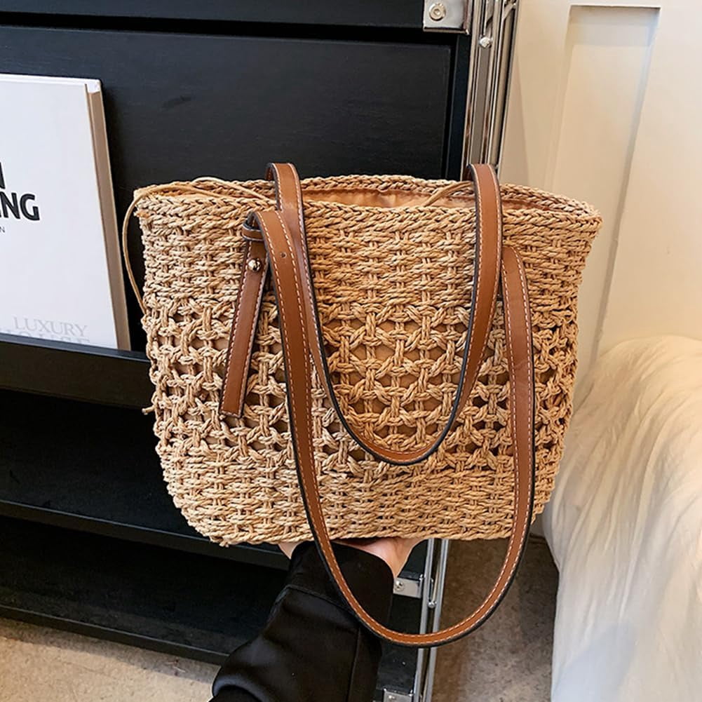Stylish Boho Straw Tote Bag Hand-woven Purse Beach Handbag Summer Shoulder Bag With Adjustable Strap
