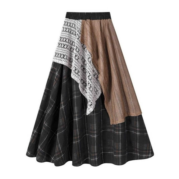 Aueoeo Women's Midi Skirt Plaid Layered Patchwork A Line Skirts High Waist Elastic Waist Boho Fashion Skirts