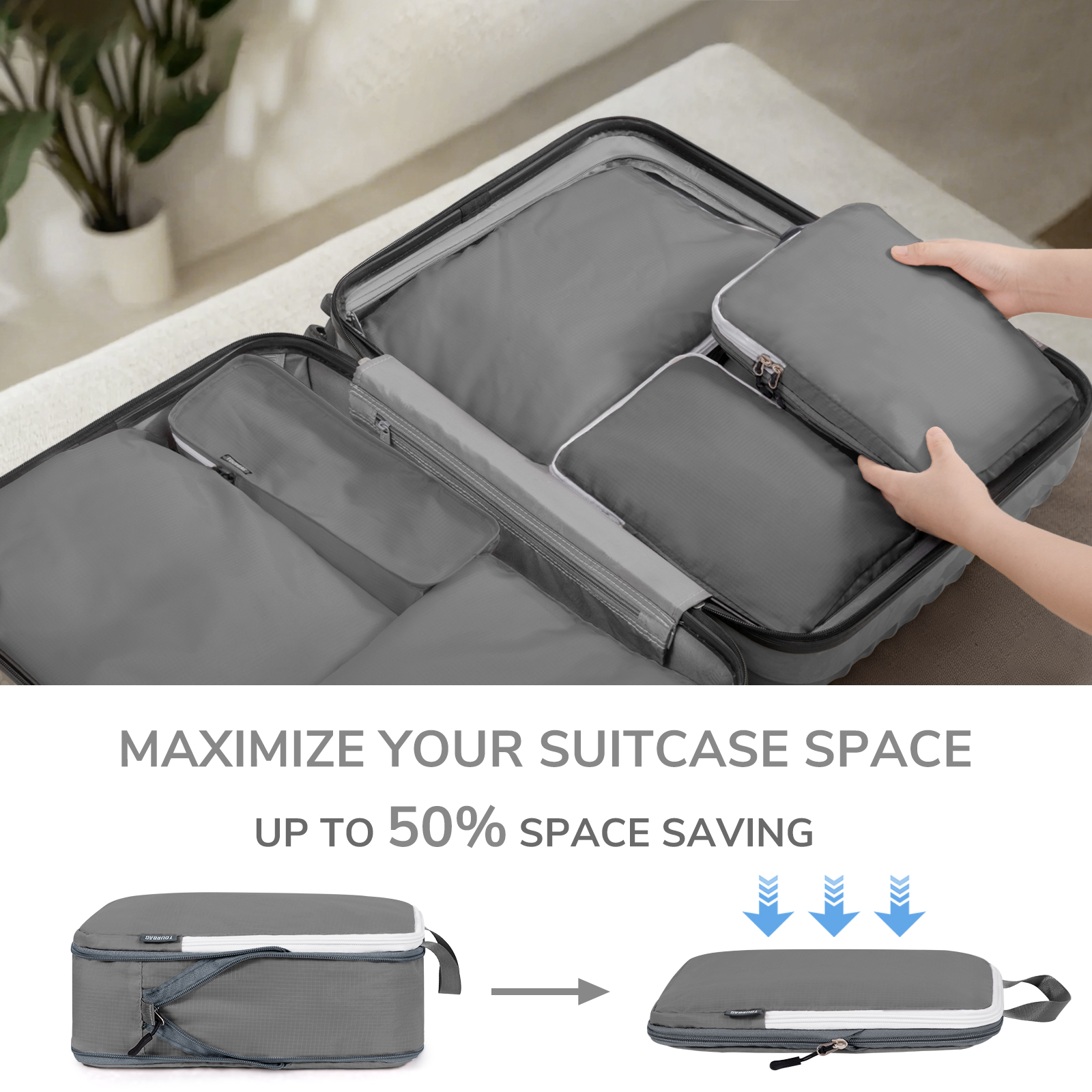 TIMEYARD 7 Set Compression Packing Cubes for Travel, Suitcase Organizer Bags Set for Luggage, Organizer Bags for Travel Accessories, Lightweight Travel Essentials, Gray