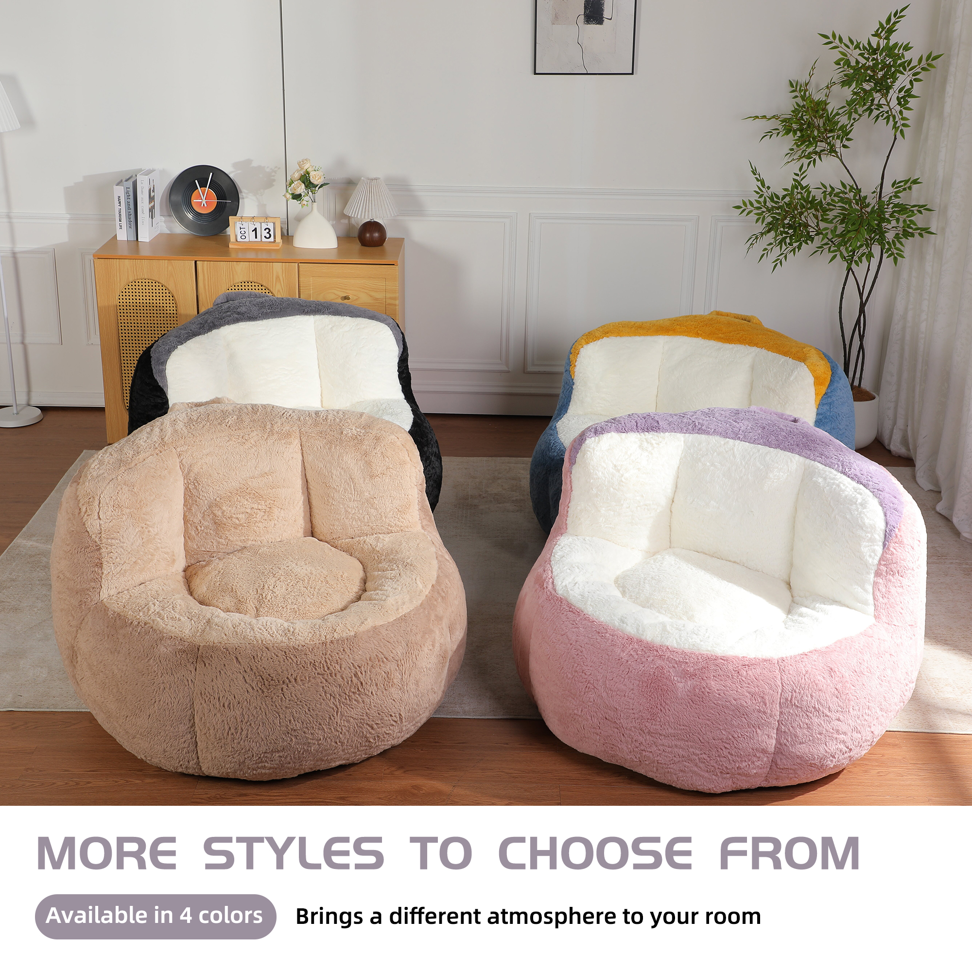Bean Bag Chair, Faux Fur Sofa, Lounger&nbsp;Multicolor with Shredded Sponge Filling, Large Floor Couch, Non-Slip Bottom with Handle for Living Room, Kids Room, Dorm