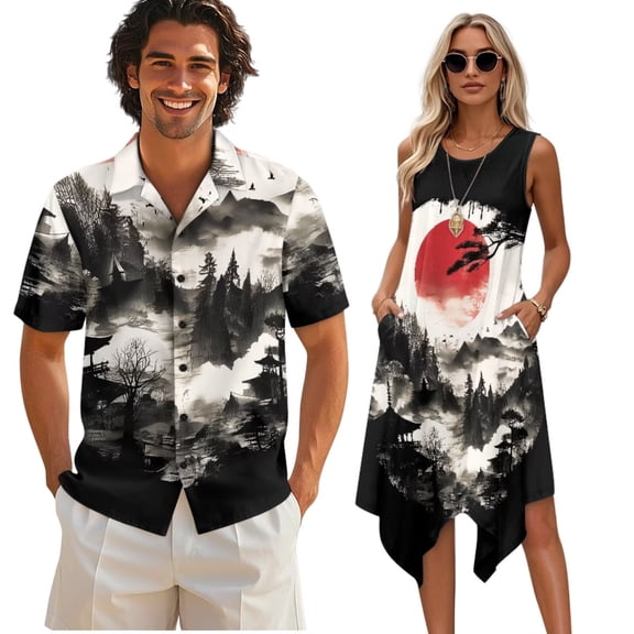 Psesaysky Japanese Style Print Sleeveless Womens Tank Dress Mens Short Sleeve Shirts Beach Sundress with Pockets Vacation Aloha Shirts Couples Matching Hawaiian Outfit-5XL