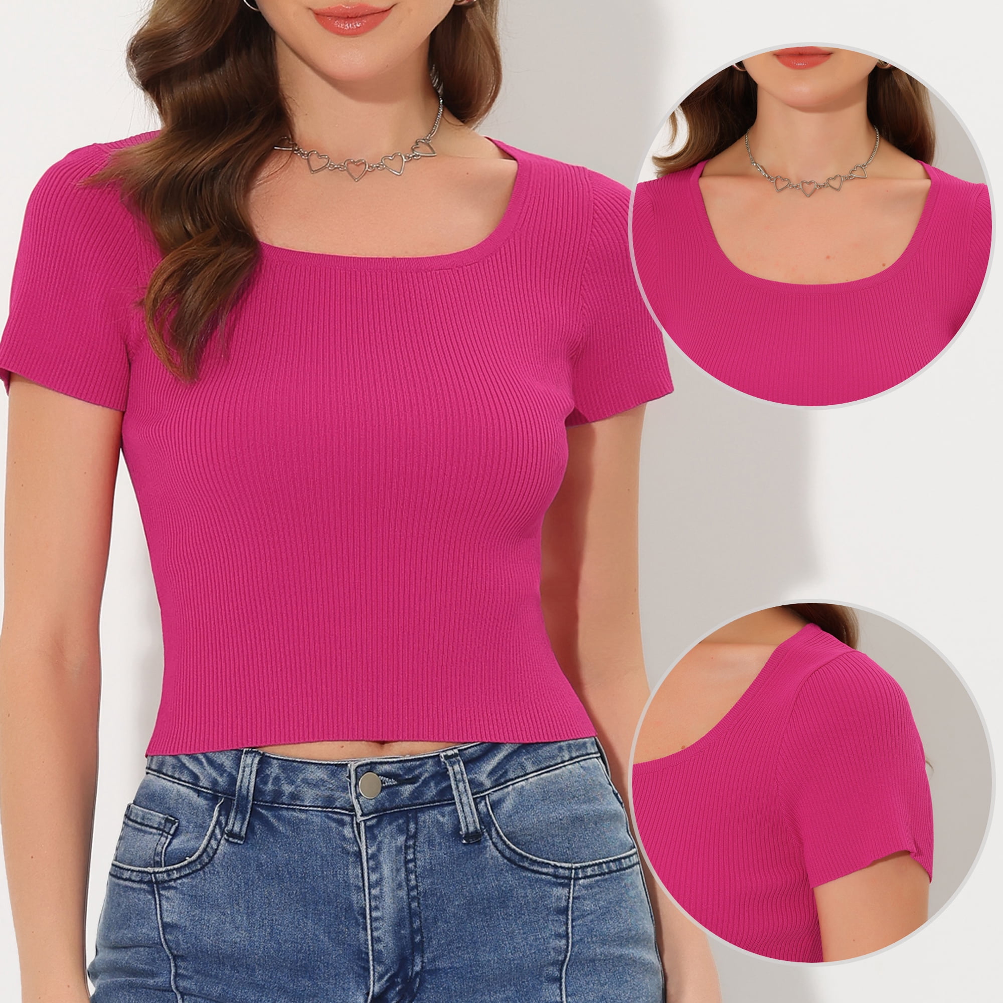 Unique Bargains Striped for Women's Casual Knitted Short Sleeve Kint Crop Top S Rose Red