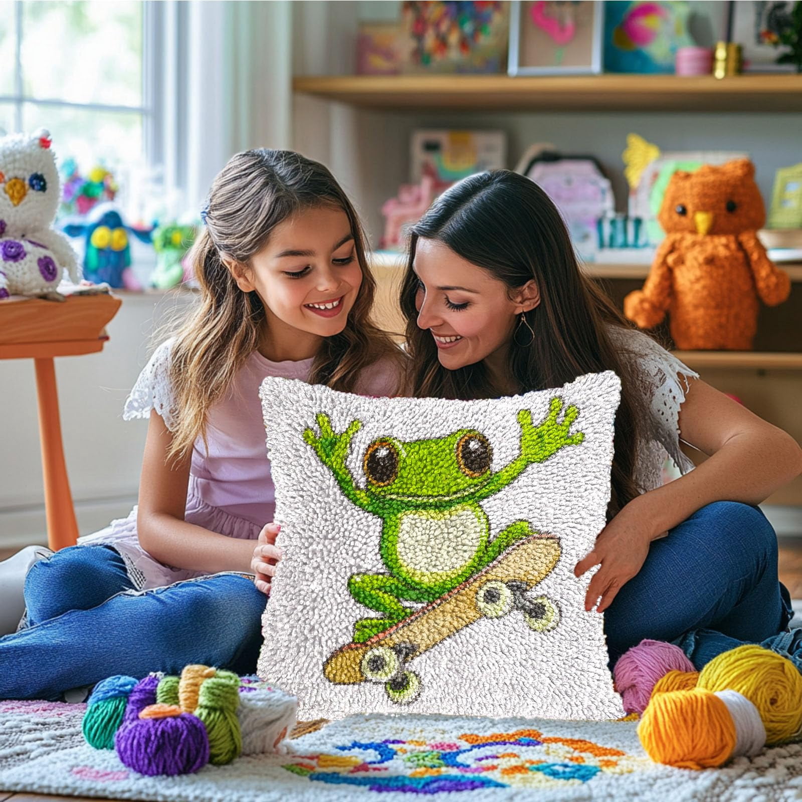 DIY Latch Hook Pillow Kits Cute Cartoon Green Frog Riding on Skateboard Printed Pillowcase Crochet Yarns Hooking Handmade Pillow Cover Cushion for Home Sofa Decoration 17x17inch-1