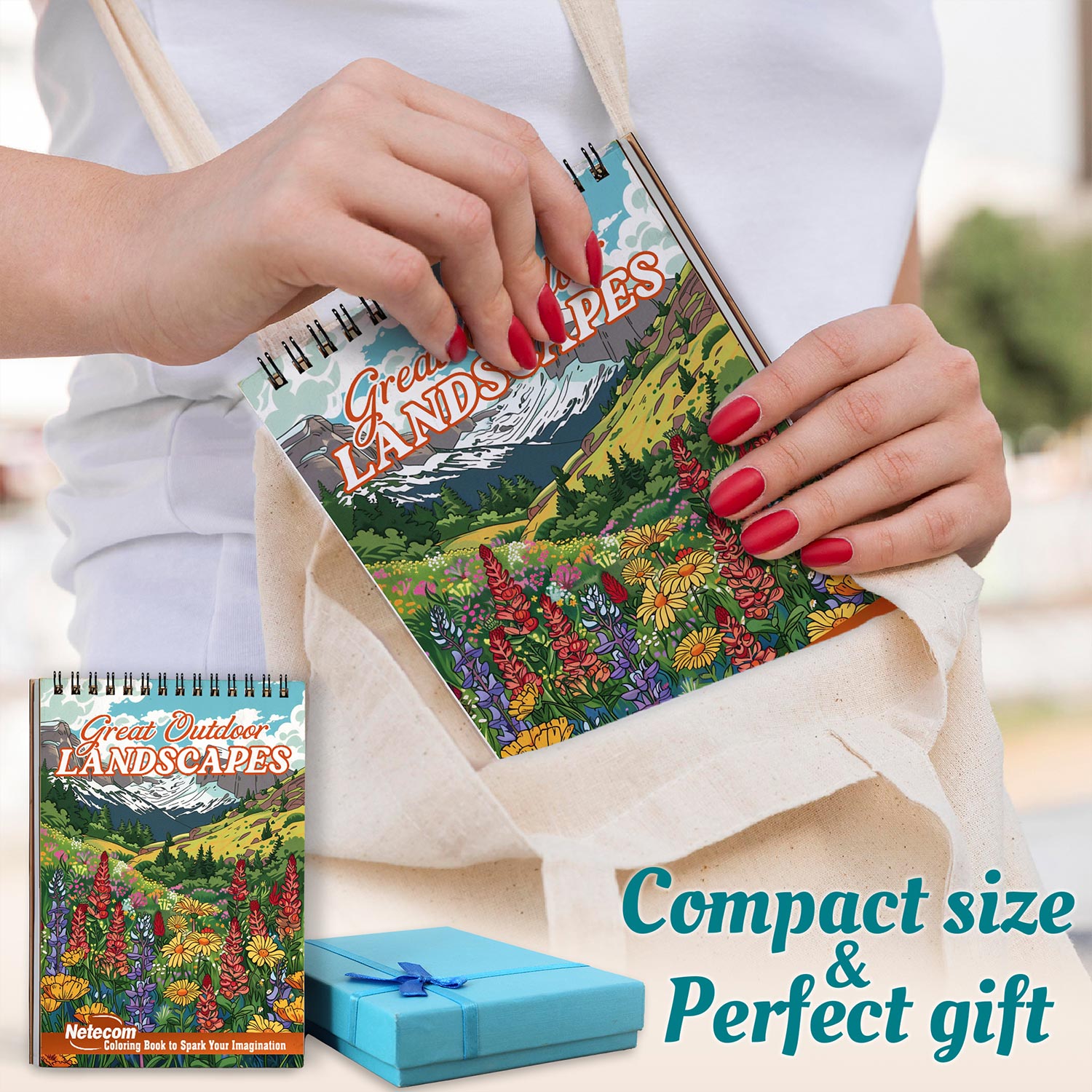 Netecom Great Outdoor Landscapes Coloring Book Spiral Bound for Adults, A5 Wooden Cover, 30 Majestic Coloring Pages of Wild Nature Scenes for Stress Relief and Relaxation