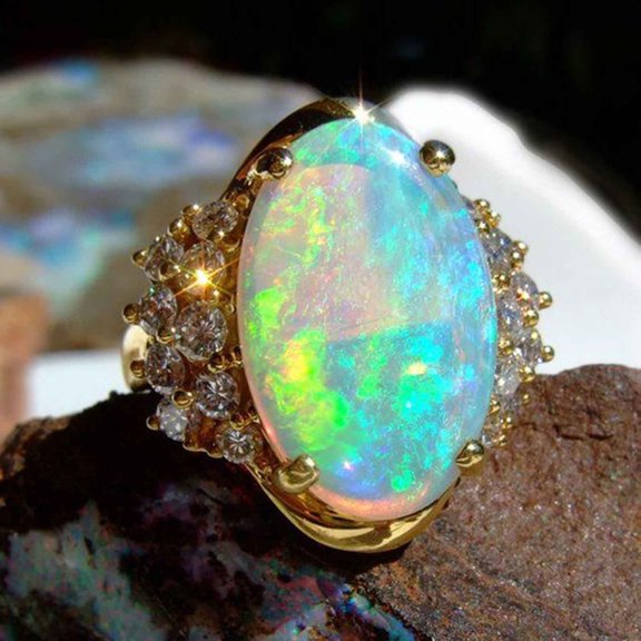 YYKihy Golden Oval Diamond Color Ring Light Luxury Opal Fashion Hand Jewelry