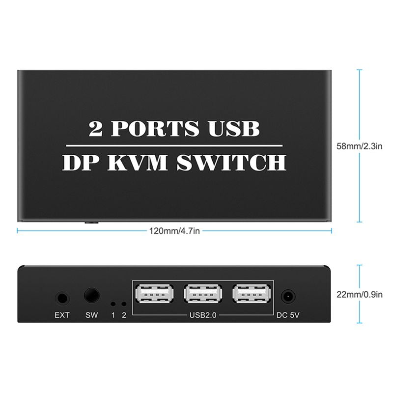 DP KVM Switch 2 Port 8K@30Hz Displayport1.2 Switch 2 in 1 Out with 3 USB2.0 Port for 2 PC Laptop Share Keyboard Mouse