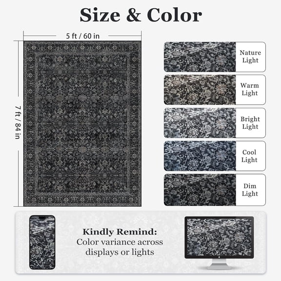 Charcoal 5x7 Area Rugs for Living Room Bedroom, Washable Non Slip Low Pile Thin Soft Carpet Rugs for Dining Room/Kitchen/Home Office/Nursery, Vintage Earth Tone Dark Muted Black and Grey Rug