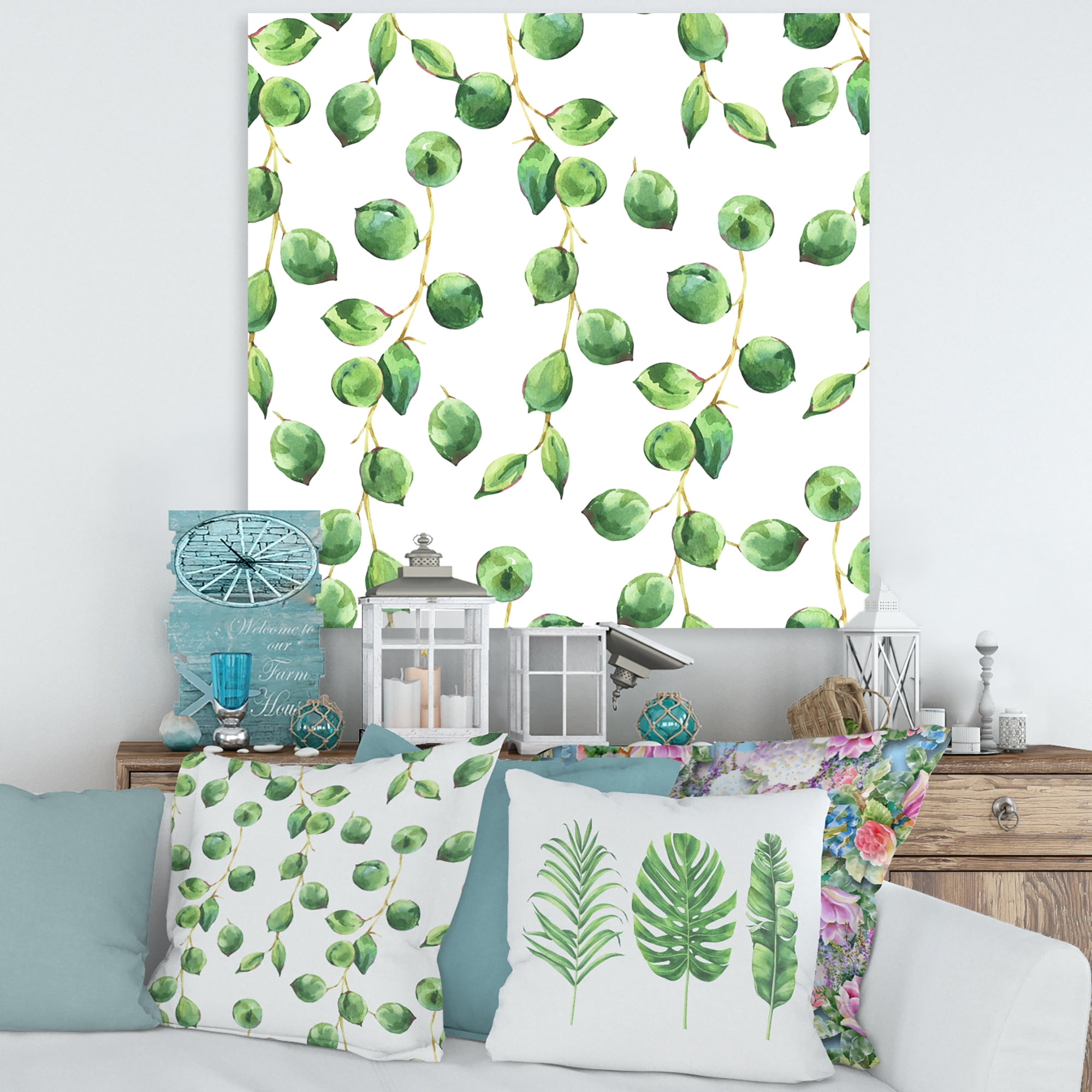 Designart ' Tropical Green Leaves Patern On White ' Tropical Canvas Wall Art Print