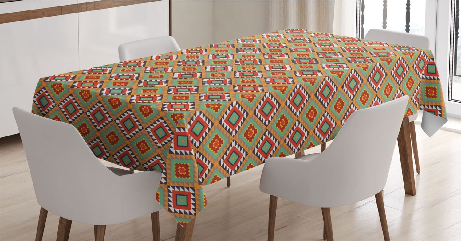 Triangular Tablecloth Ethnic Tablecloth, Tribal Inspired Geometrical Motifs with Squares and ...
