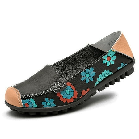 

Ablanczoom Womens Comfortable Leather Floral Print Flats Casual Driving shoes