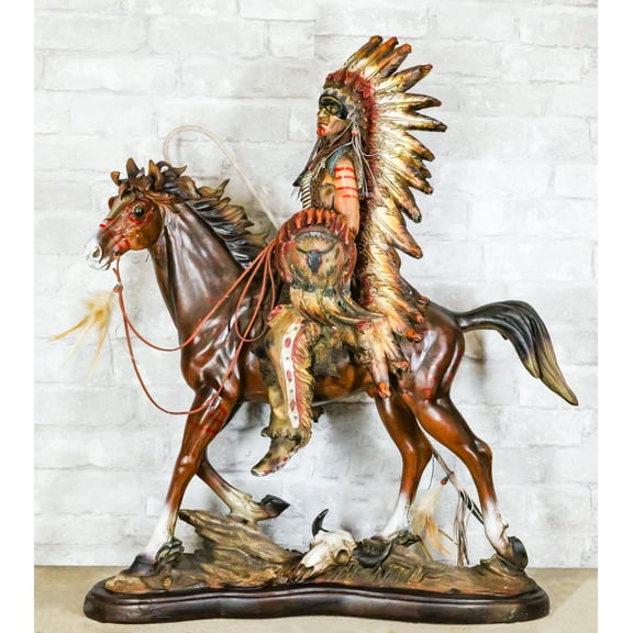 Large Chief With Headdress Feathered Coup Staff Shield On Horse Statue