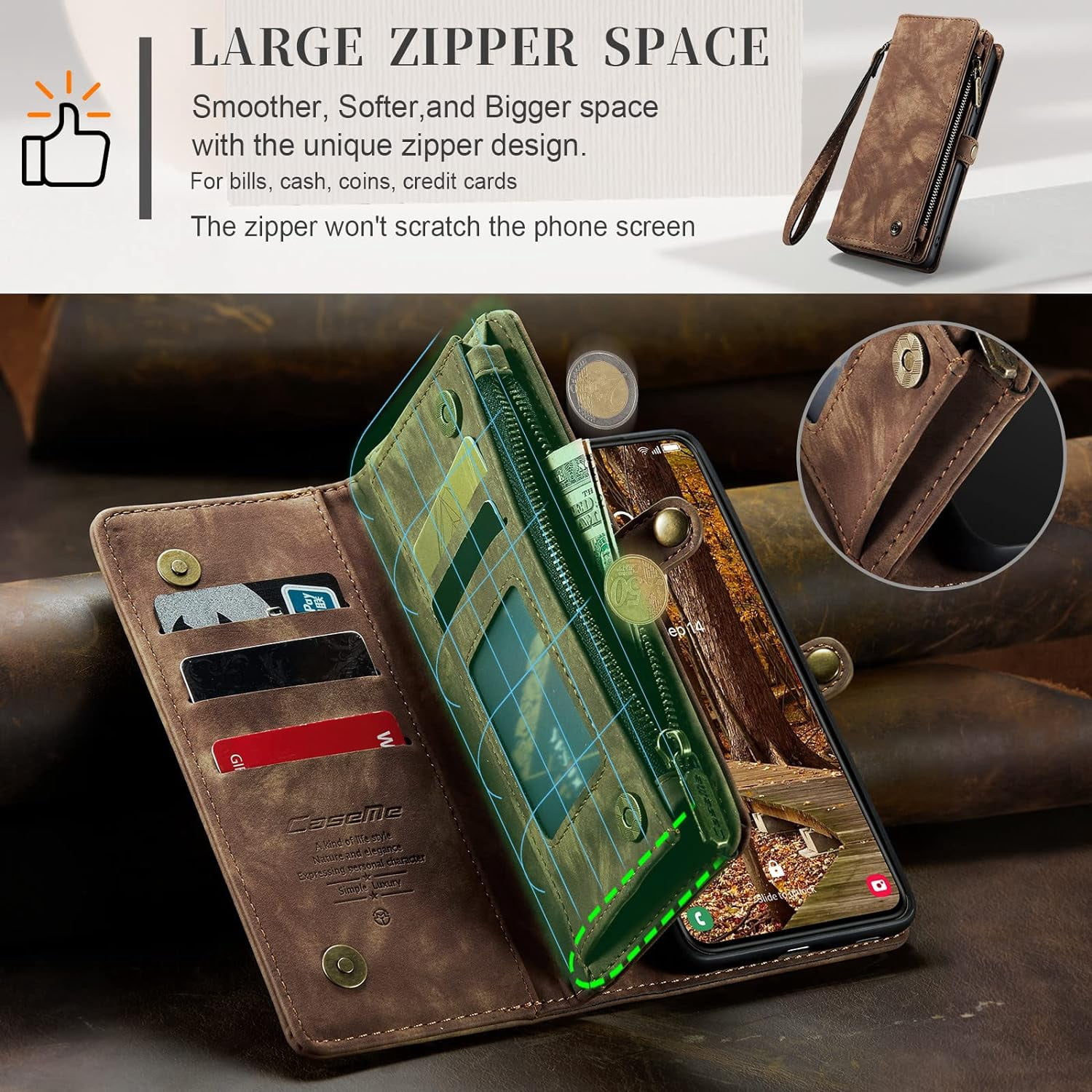 2 in 1 Detachable for Samsung Galaxy S23+ / S23 Plus Wallet Case with Card Holder, Retro Premium Flip Leather Cover  Zipper Pocket Phone Cases 6.6'' (Coffee,S23+/S23 Plus)