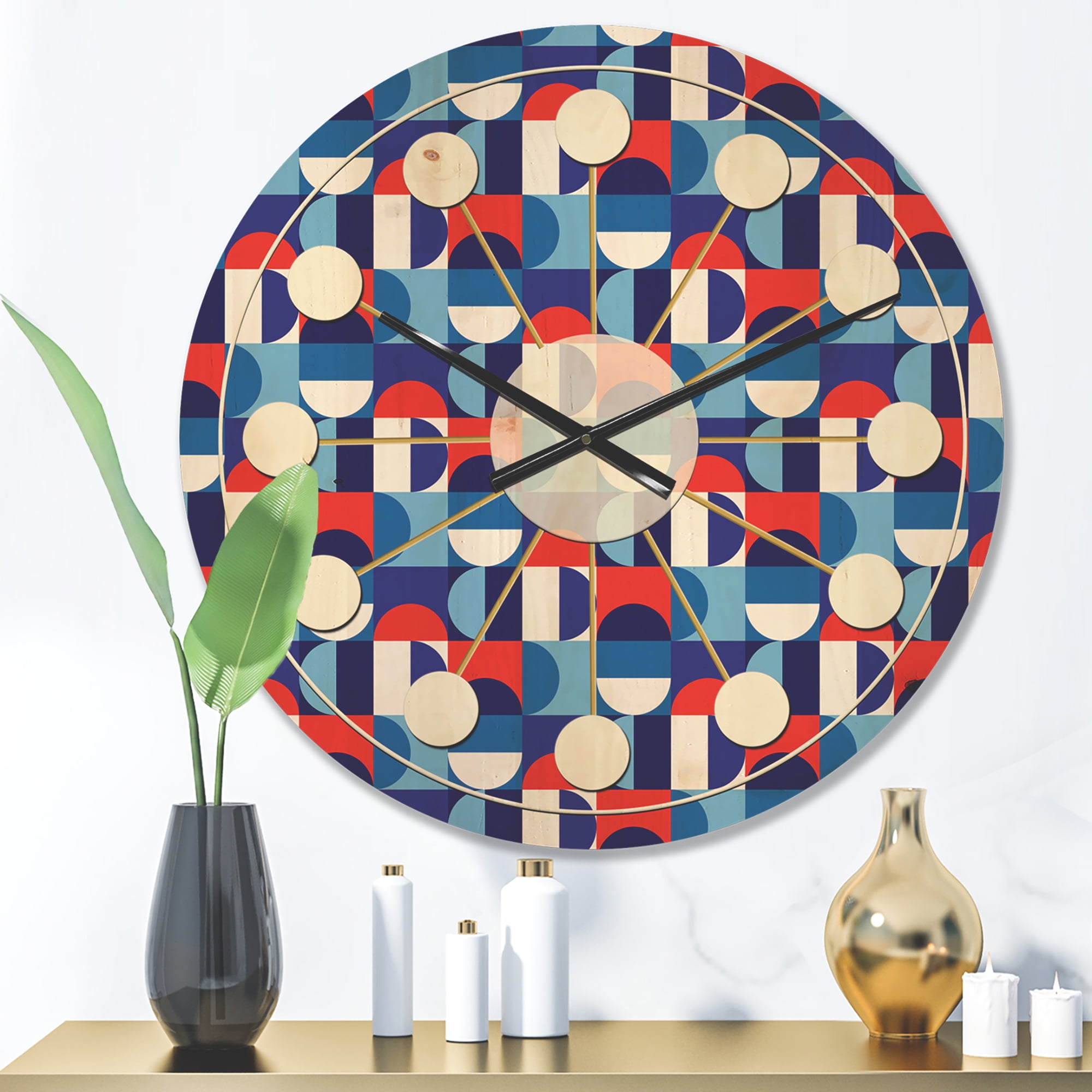 Designart 'Red, Blue & White Polka Dots' Mid-Century Modern Wood Wall Clock