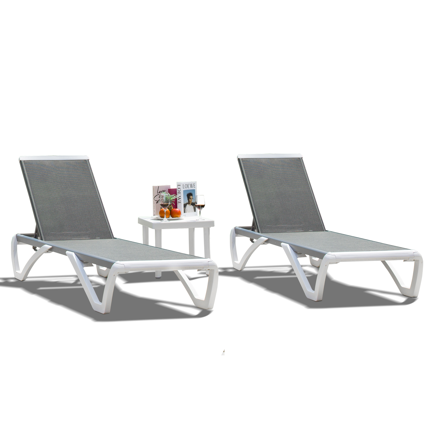 Domi Patio Chaise Lounge Chair Set of 3,Outdoor Aluminum Polypropylene Sunbathing Chair with Adjustable Backrest,Side Table,for Beach,Yard,Balcony,Poolside(2 Grey Chairs W/Table) - image 3 of 8