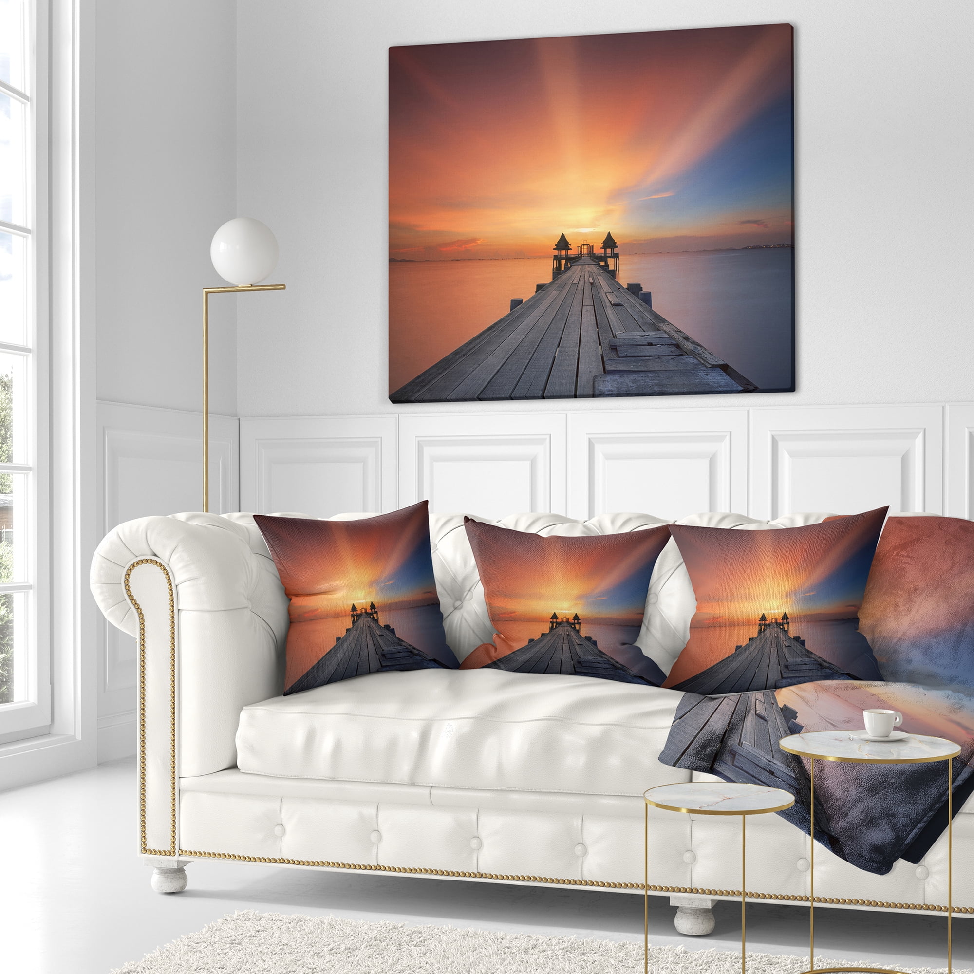 Designart Wooden Bridge under Illuminated Sky - Pier Seascape Throw Pillow - 18x18