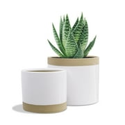 GrowLED Ceramic Pots for Plants with Drainage, 6 Inch & 5 Inch Plant Pots Containers with Water Plug and Mesh Circle, Flower Pots for Indoor Plants, White Beige, Set of 2