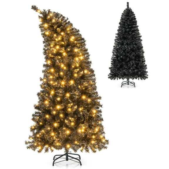 Gymax 6 FT Artificial Halloween Tree Pre-Lit Black Christmas Tree w/ Bendable Top Section