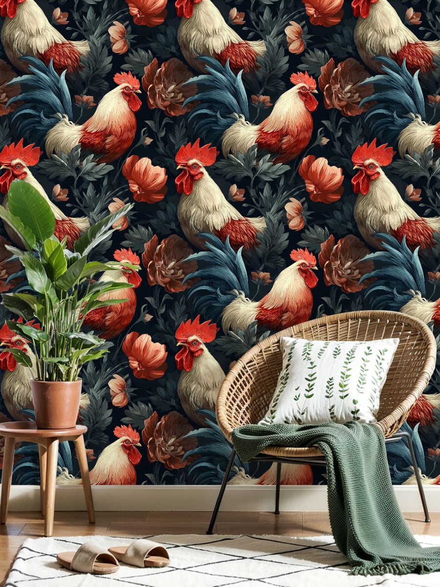Chicken Peel and Stick Wallpaper Roosters Floral Vintage Botanical Style Wall Mural 17.7in x 9.8ft Self Adhesive Removable Wall Paper Renter Friendly Wallpaper for Nursery Bedroom Cabinets