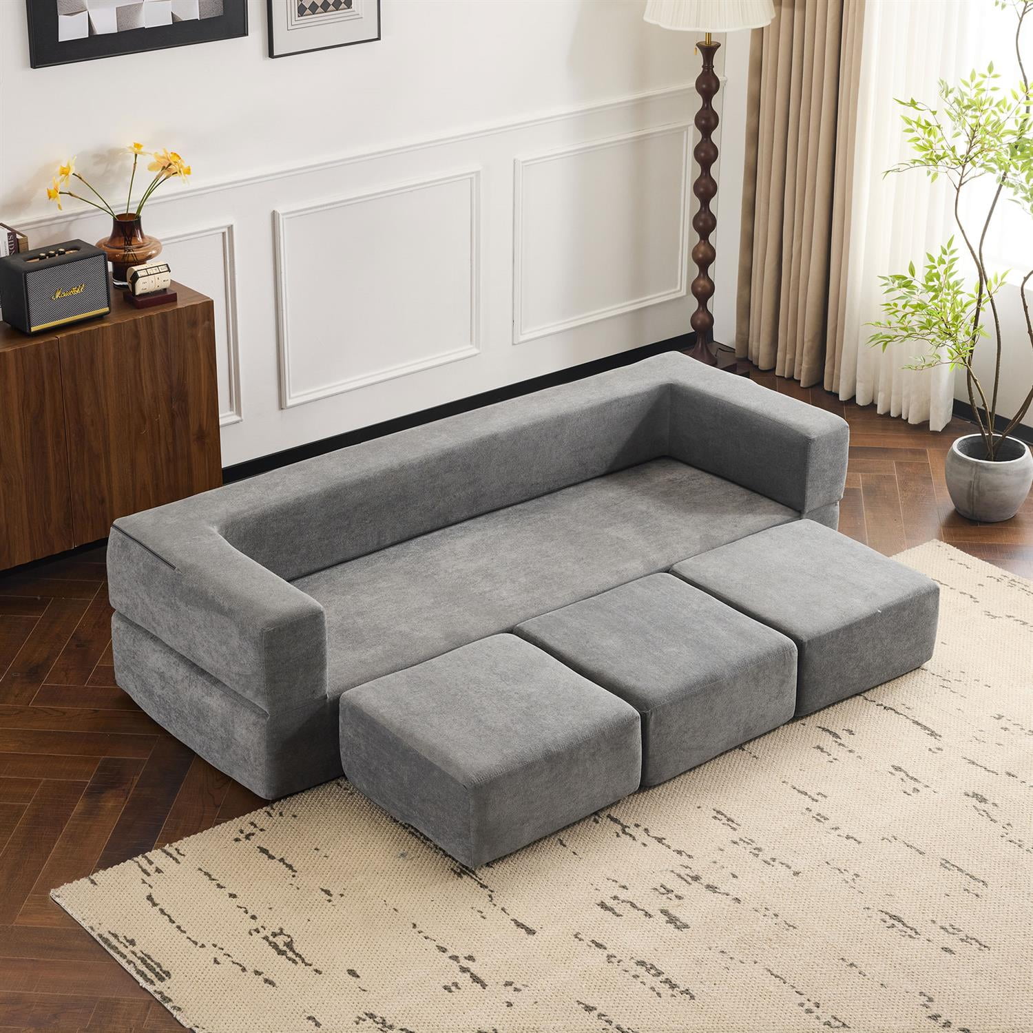 Demi Bonn Convertible Sectional Sofa with 3 Storage Ottomans, Space-Saving Chenille Couch, High-Resilience Foam for Studio Apartments & Home Offices, Gray