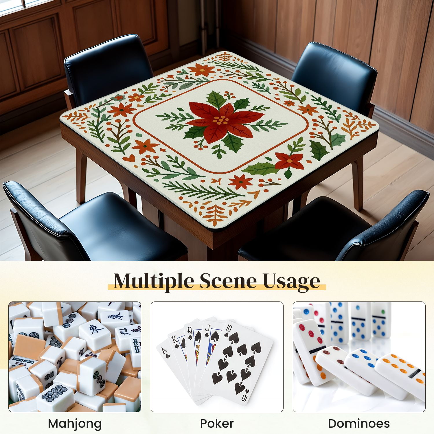 Mahjong Mat 31.5" x 31.5" Festive Poinsettia Flower Holiday Greenery Red Floral Anti-Slip and Noise Reduction Symmetry Design Mahjong Tiles Table Cover for Dominoes Poker Card Board and Tile Games