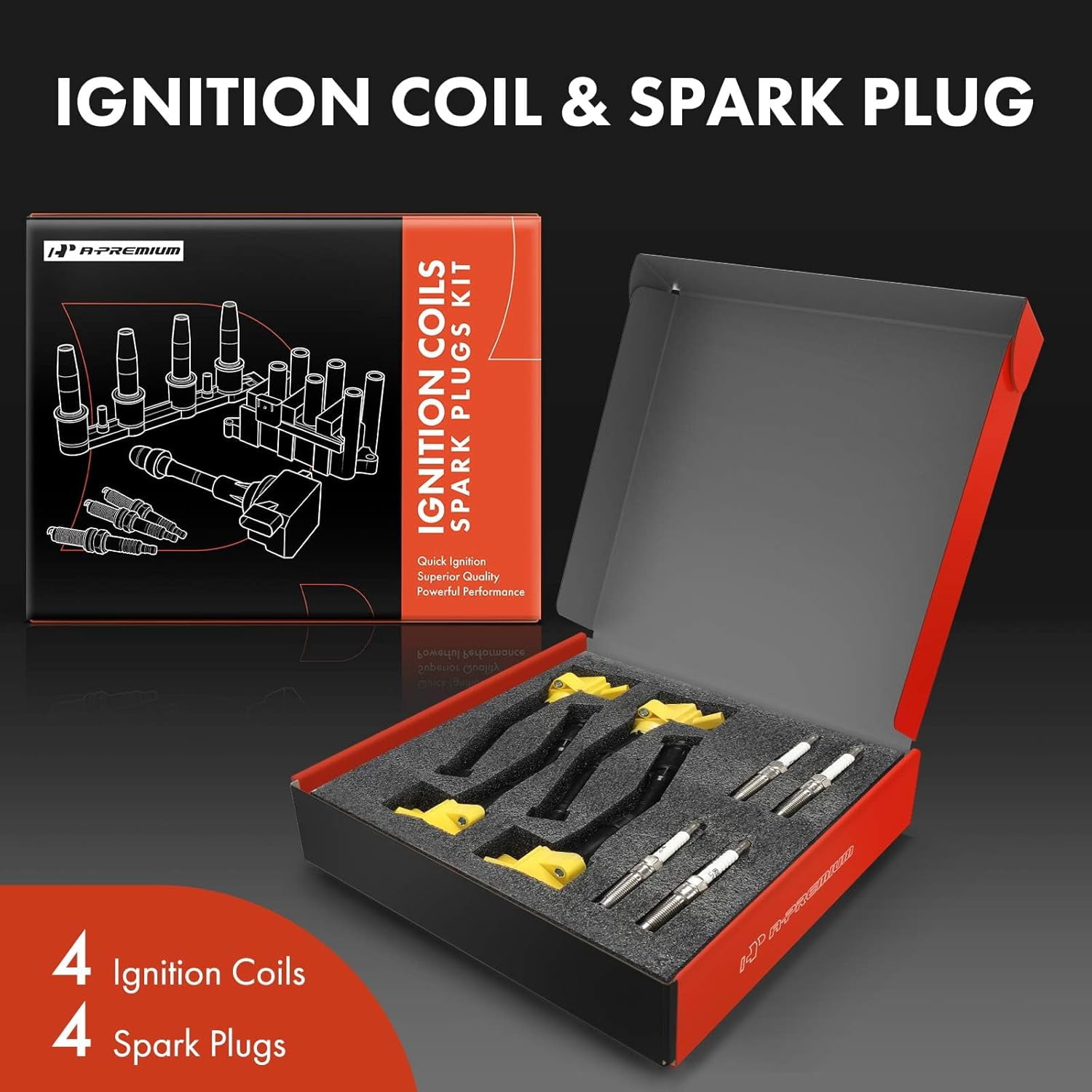 A-Premium (Yellow) Set of 8 Ignition Coil Pack and Iridium Spark Plugs Compatible with Ford Escape 2017-2019, Fusion 2014-2020, 1.5L
