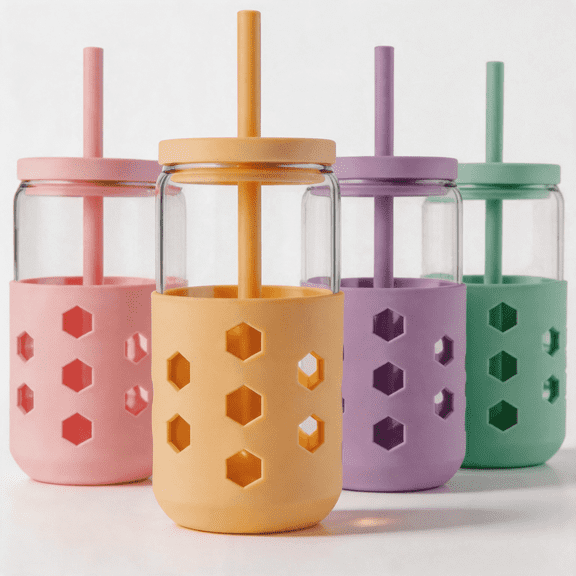 Micebay Glass Cups with Silicone Lids and Straws 4-Pack, 16 oz Ice Coffee Cup with Sleeves, Coffee Bar Accessories, Glass Tumbler Reusable for Gifts