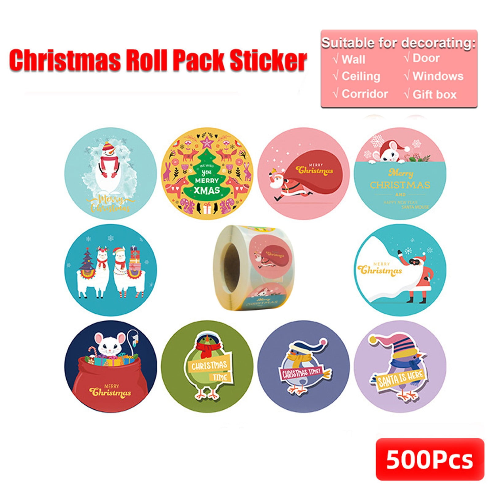 Pack Christmas Stickers Label Holiday Gift Decorations Gift 1 Roll 500 Stickers,08HWC15A#30144 