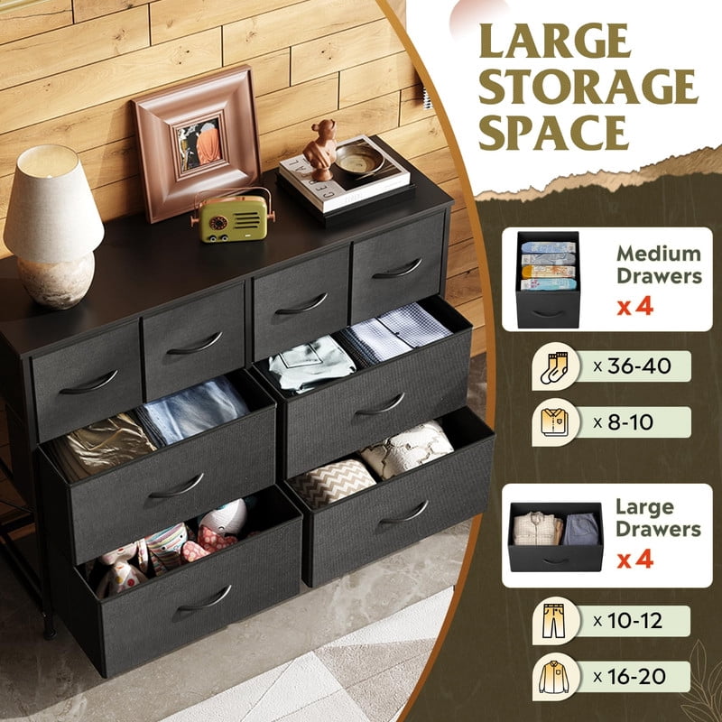 Kelno 8 Drawers Fabric Dresser Wide Wood Top Cabinet Storage Tower Metal Frame Clothes Organizer for Bedroom Living Room,Black