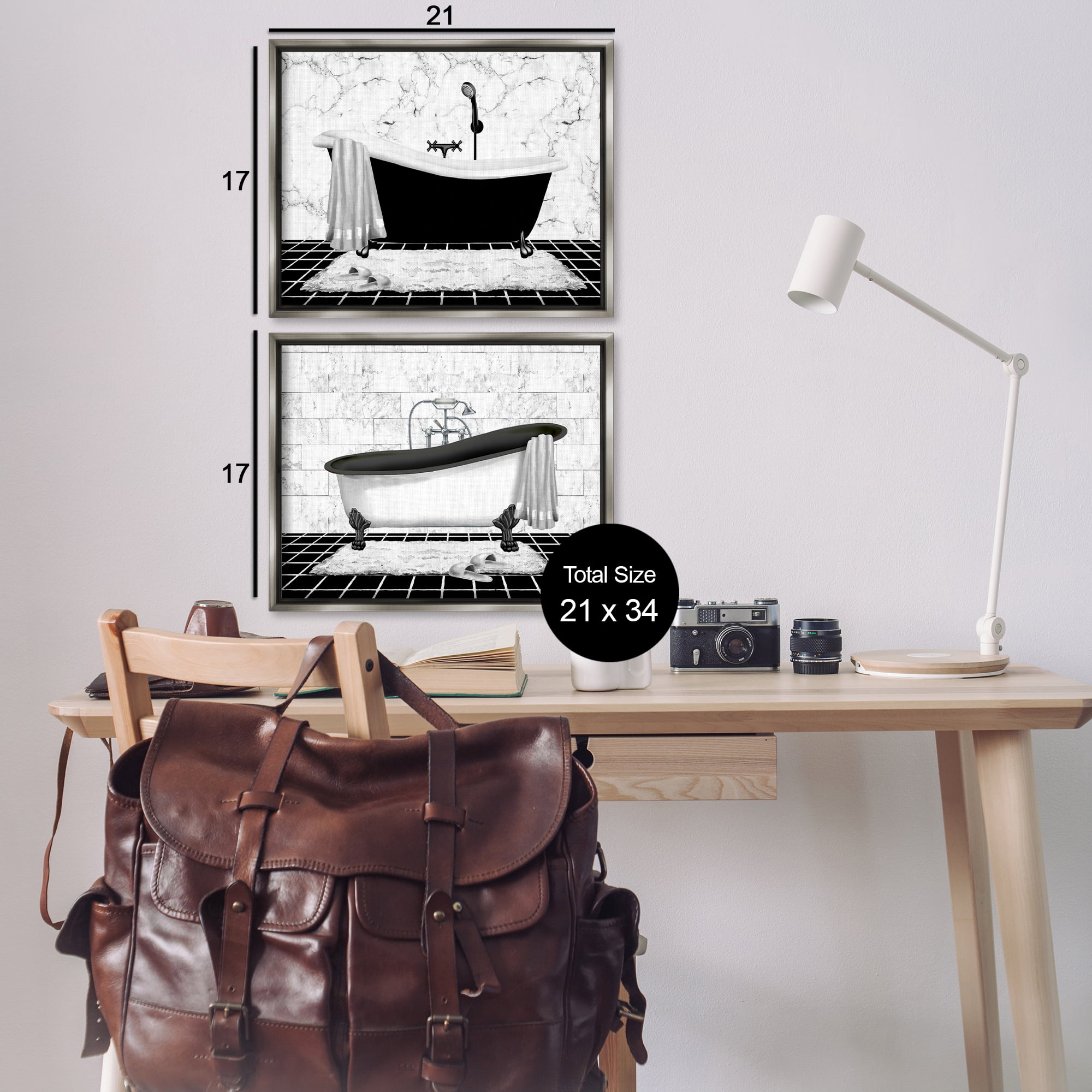 Stupell Industries Marble Clawfoot Soaking Tub Bath & Laundry Painting Gray Floater Framed Canvas Art Print Wall Art, 21 x 17, Set of 2