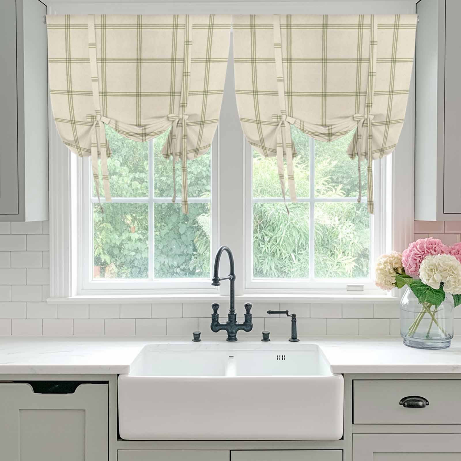 Beige Plaid Balloon Curtains for Bedroom/Front Door/Bathroom, Vintage Grid Stripe Minimalist Art Linen Tie Up Curtains 63 Inch Length Light Filtering Kitchen Curtains Shades for Windows 46"x63"