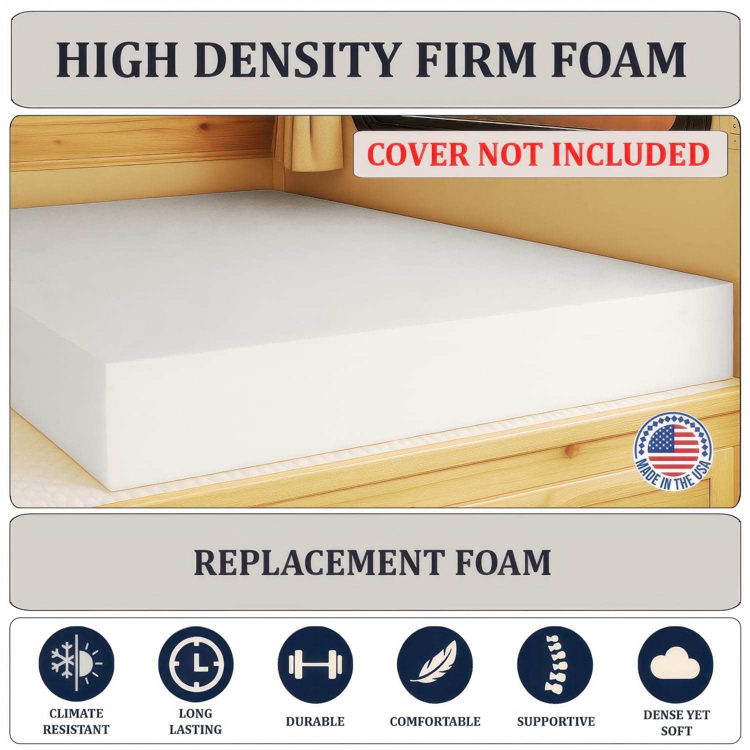 Foamma 4" x 28" x 75" High Density RV Bunk Mattress Foam Replacement Topper for Camper, Truck, Travel Trailer, Firm, CertiPUR-US Certified, Made in USA, Cover Not Included