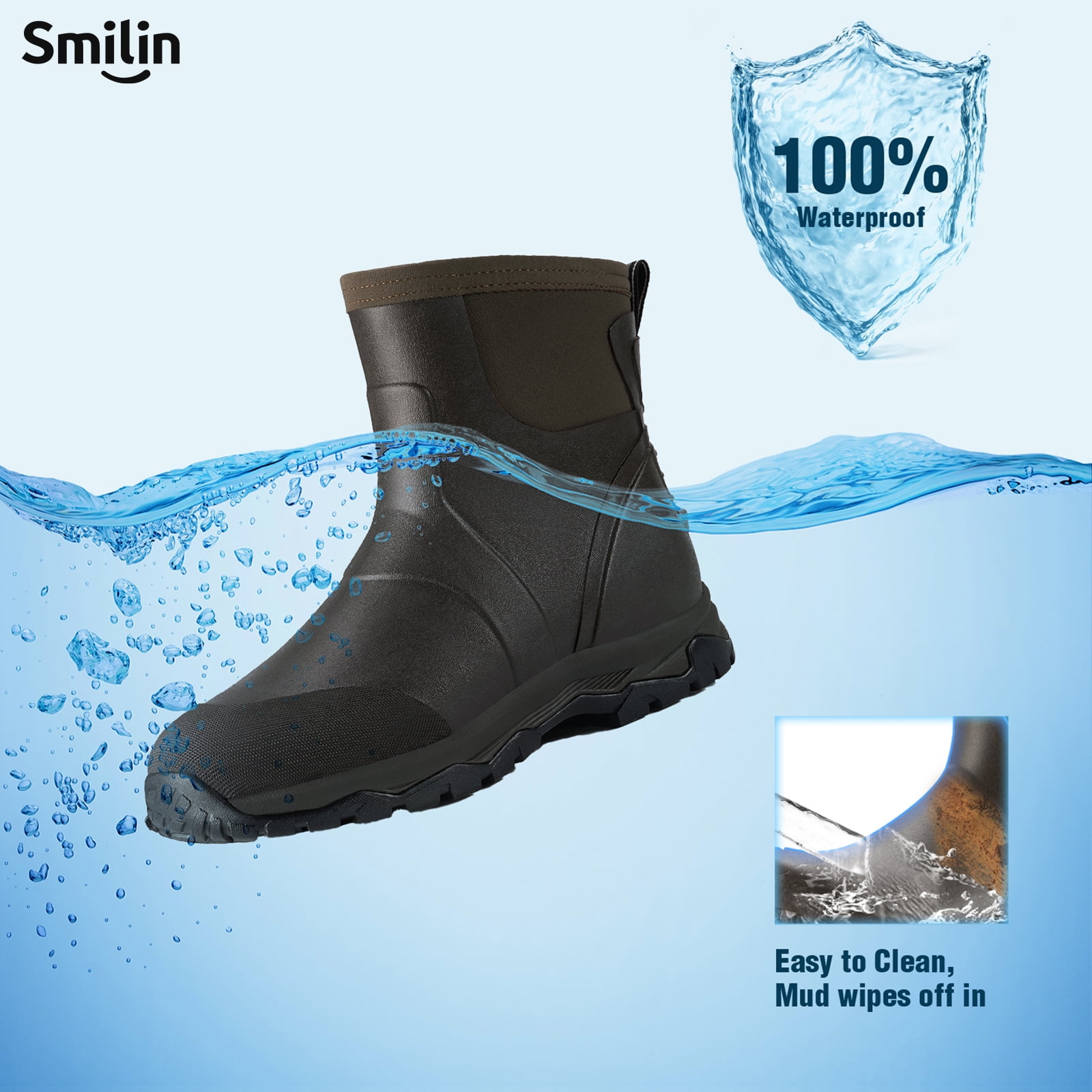 SMILIN Men's Rain Boots, Anti-Slip Ankle Height Outdoor Work Boots for Mud, Snow, Hunting, and All-Season Activities, Brown, US Size 12