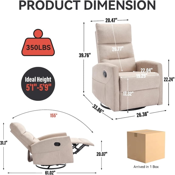 Swivel Rocker Recliner Chair for Adults, Rocking Recliner Chair, Rocker Nursery Glider Chair, Recliners for Small Spaces, Manual Recliner Single Sofa for Living Room, Nursery (Beige)