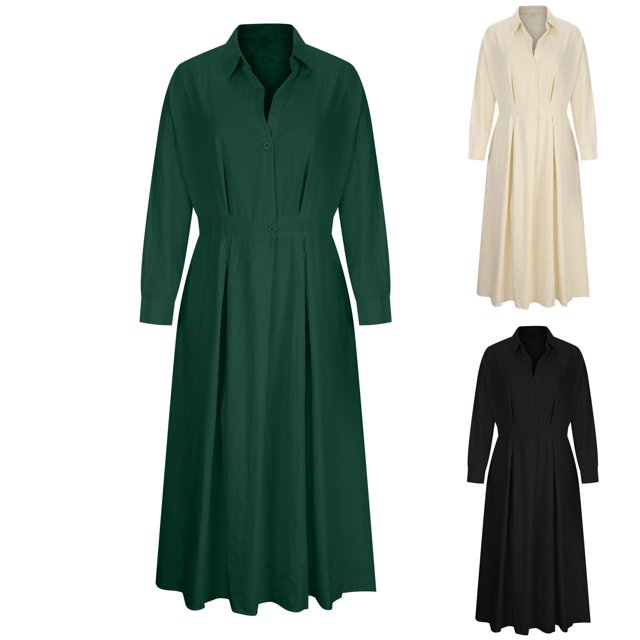 Gspmoly Robes d'Été pour Femmes 2025, Mode Féminine Col Rabattu Ample Coton Lin Manches Longues Robe Serrée Taille Haute Robes Formelles pour Femmes Économies d'Été