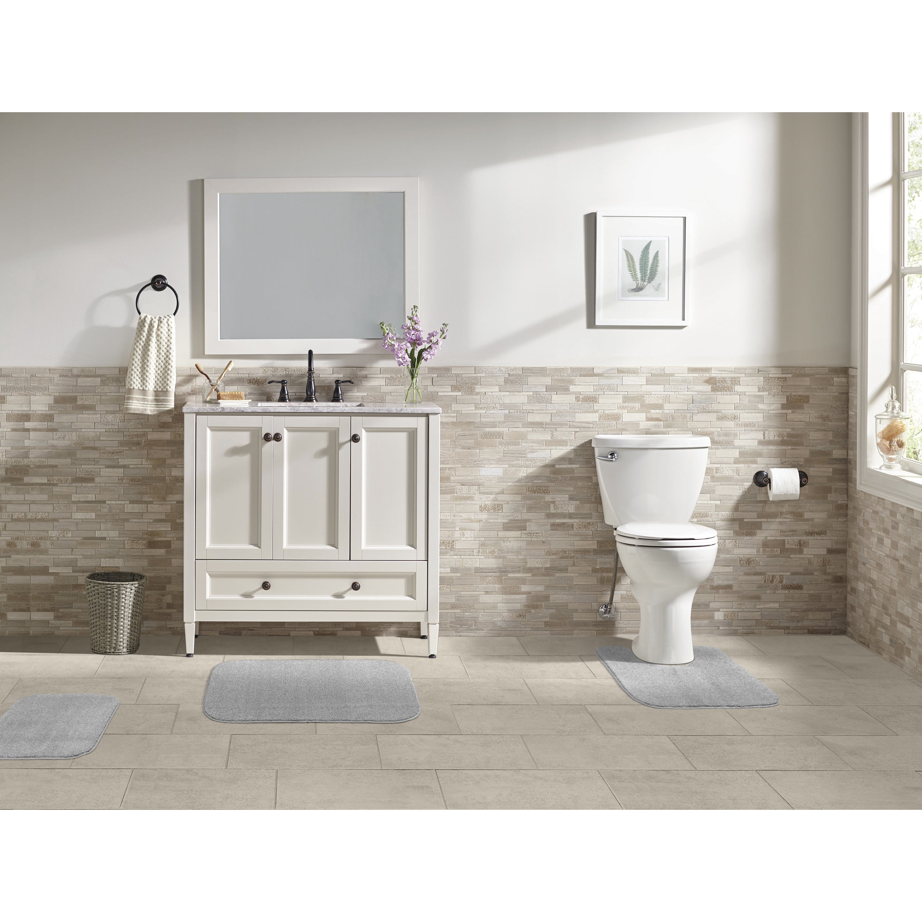 Garland Rug Sedona Washable Bath Rug Set, 3 Piece Set (2 Bath Rugs, & Contour Rug) Silver