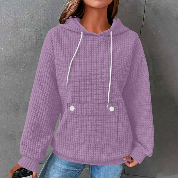 HongQid Womens Hoodies Casual Long Sleeve Drawstring Waffle Pullover Tops Loose Hooded Sweatshirt with Pocket