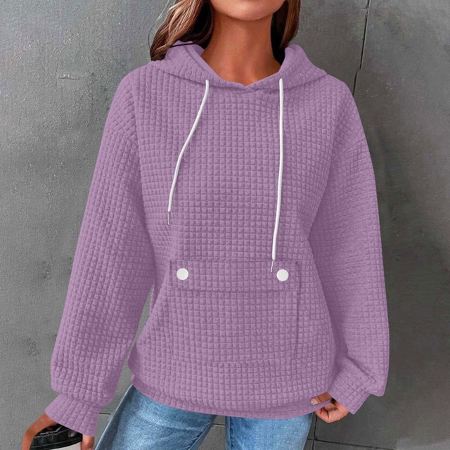 HongQid Womens Hoodies Casual Long Sleeve Drawstring Waffle Pullover Tops Loose Hooded Sweatshirt with Pocket
